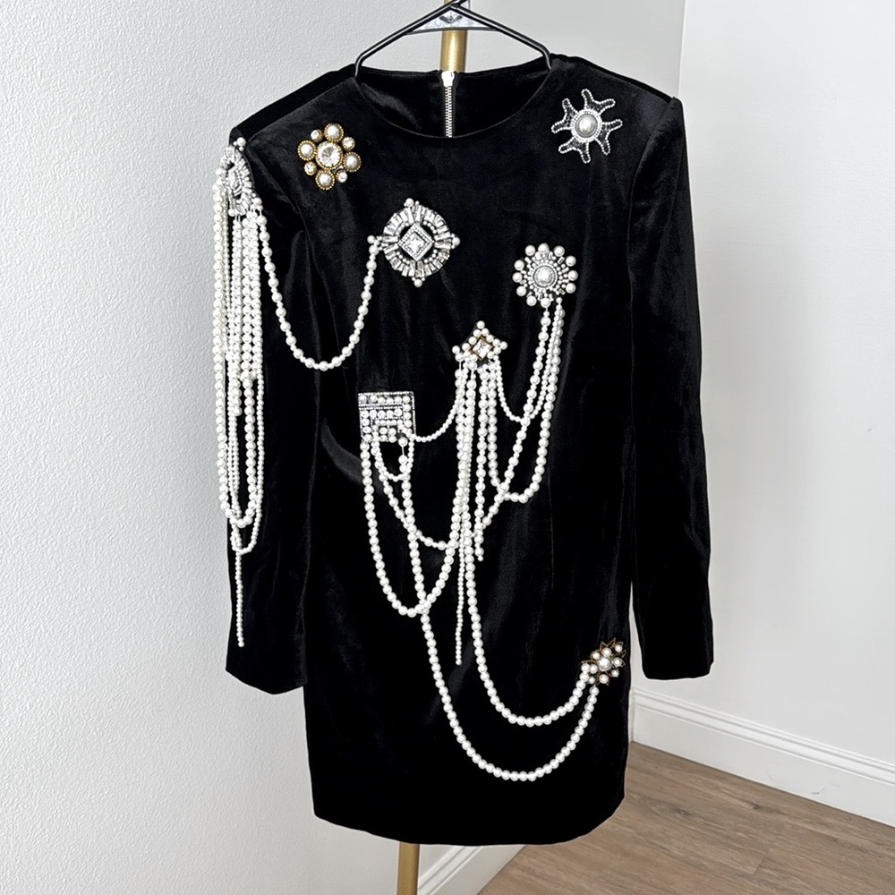 Velvet Long Sleeve Dress with Pearl Embellishments